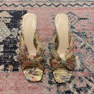 70s chacha 3” heels in gold floral by Jessica Simpson